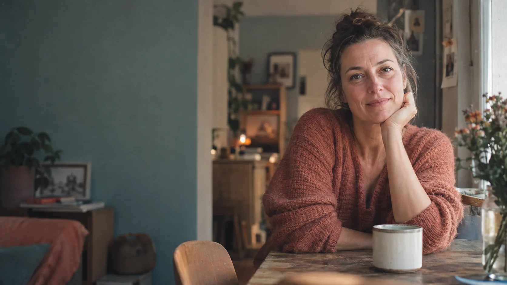 A woman at her kitchen table, calm and listening