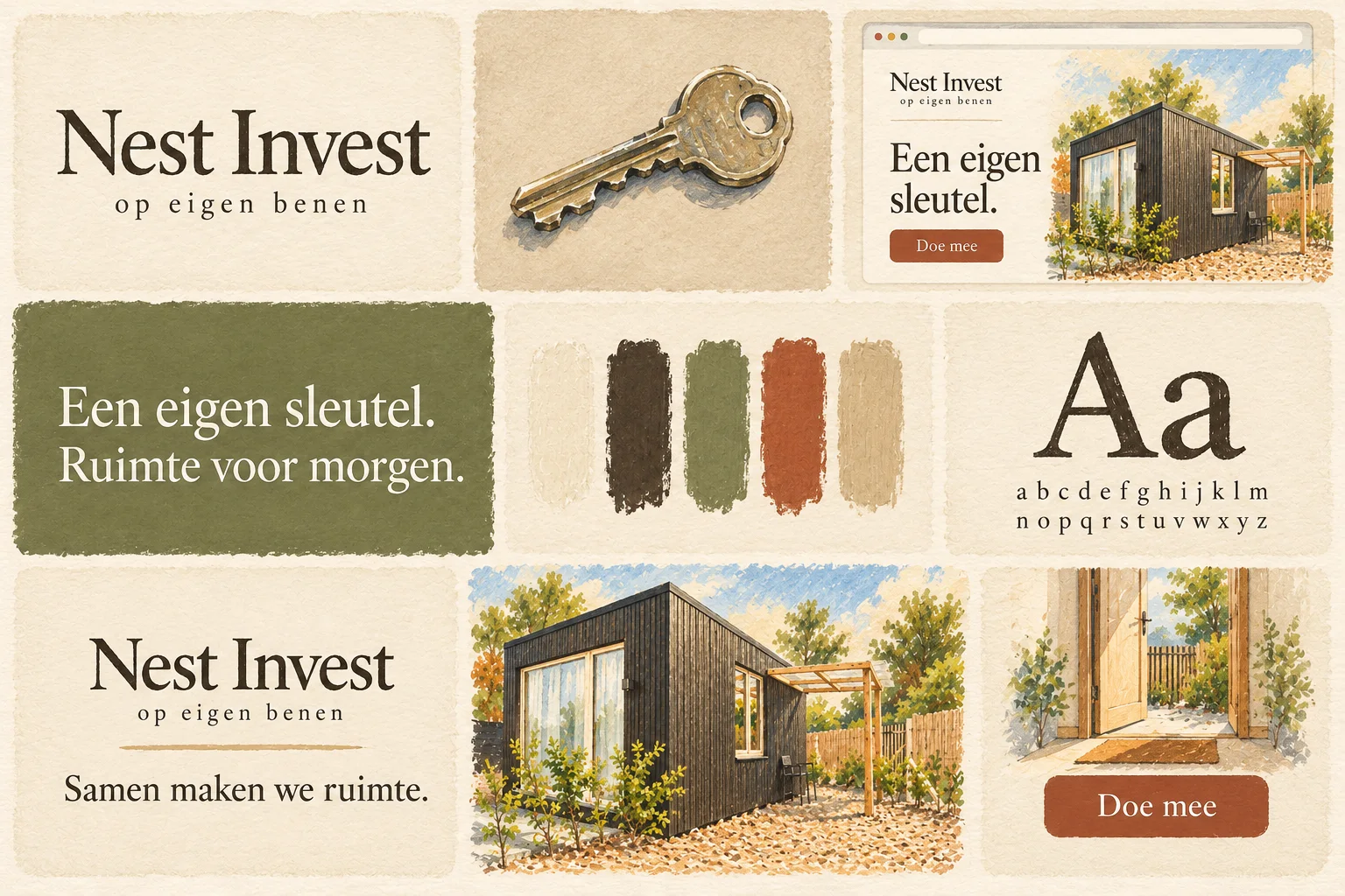 Nest Invest brand board with palette, typography and illustration style